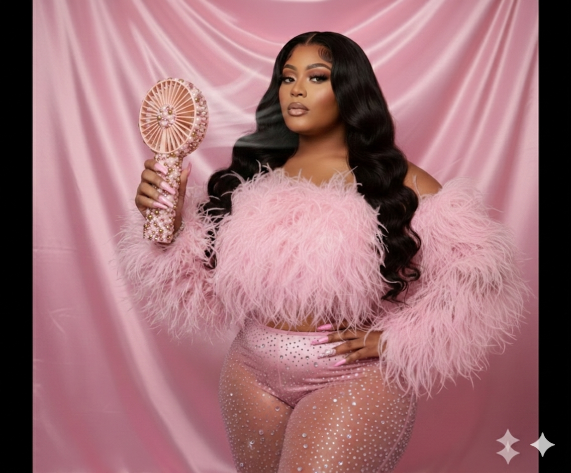 IV Collection model wearing pink feather couture from the FW Pink Luxury Edit